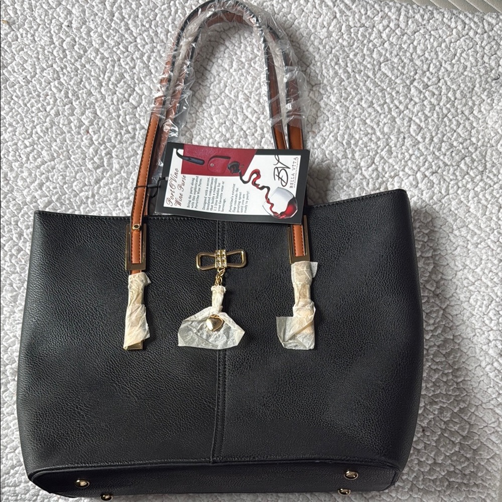 Bella Vita Black Structured Wine Tote Bag with Gold Clasp